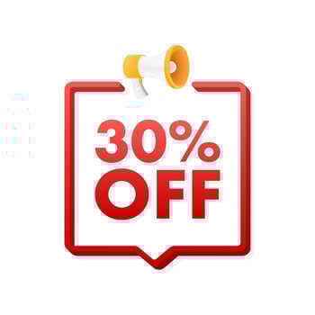 30 percent OFF Sale Discount Banner with megaphone. Discount offer price tag. 30 percent discount promotion flat icon. Motion graphics 4k vector