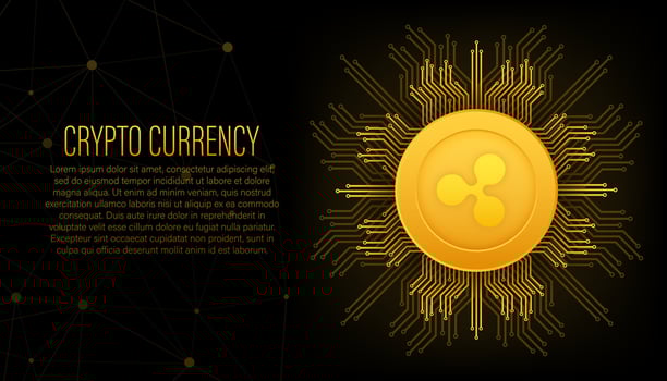 Cryptocurrency logo. Ripple in flat style on golden background. Vector design isolated. Internet technology