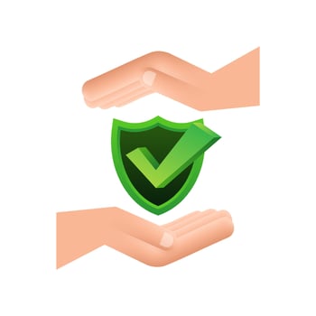 Check mark hanging over hands. Green approved star sticker on white background. Vector stock illustration