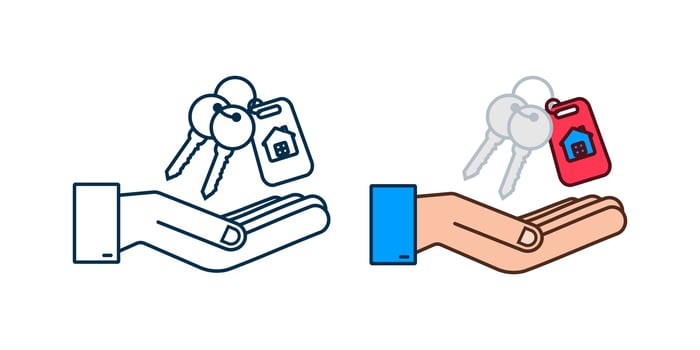 Just sold keys handing over hand on white background. Vector stock illustration