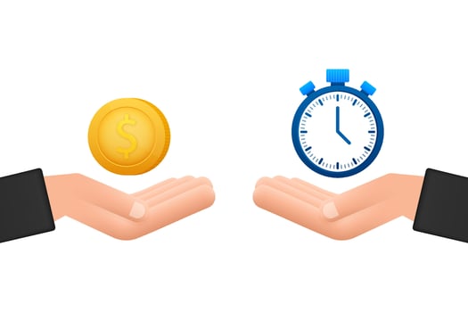 Time is money, hand is a stopwatch. Currency exchange. Vector stock illustration