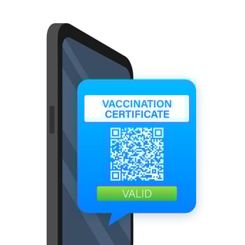 Vaccination digital certificate on smartphone. Phone screen with qr code and pass check mark vaccinated. Health passport. Vector stock illustration