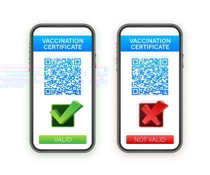 Vaccination digital certificate on smartphone. Phone screen with qr code and pass check mark vaccinated. Health passport. Vector stock illustration