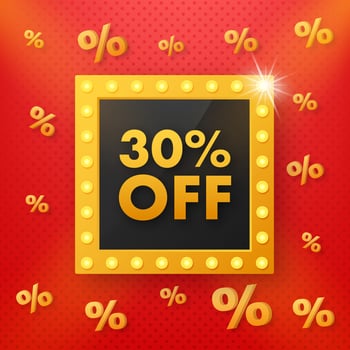Light 30 percent discount in retro style on red background. Vintage, retro design. Isolated background. Sale banner. Discount banner design vector