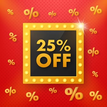 Light 25 percent discount in retro style on red background. Vintage, retro design. Isolated background. Sale banner. Discount banner design vector