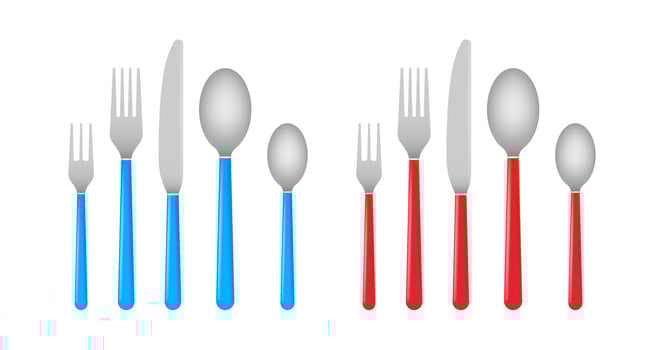 Knife and fork. Cutlery, dishes, coffee spoon, spoon. Red and blue litchen utensils. Vector stock illustration