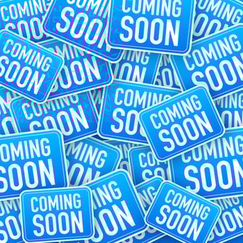 Coming soon hanging sign sticker pattern. Sign for door. Vector stock illustration