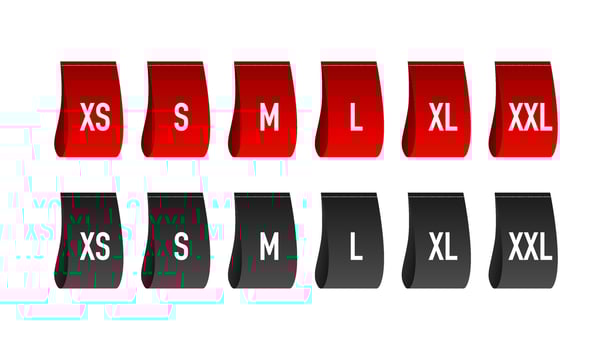 Size clothes tag set in flat style on red background. Vector flat illustration. Set collection