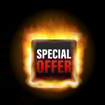 Special Offer grunge style black colored fire icon. Discount label. Vector stock illustration