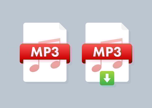 Download MP3 button on laptop screen. Downloading document concept. File with MP3 label and down arrow sign. Vector illustration