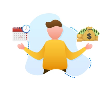 Man choosing between two options Time and money. Vector stock illustration.