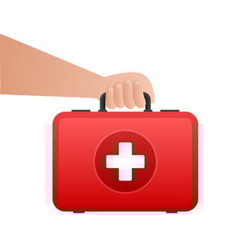 Cartoon icon with red first aid on white background for medical design. Flat vector illustration.