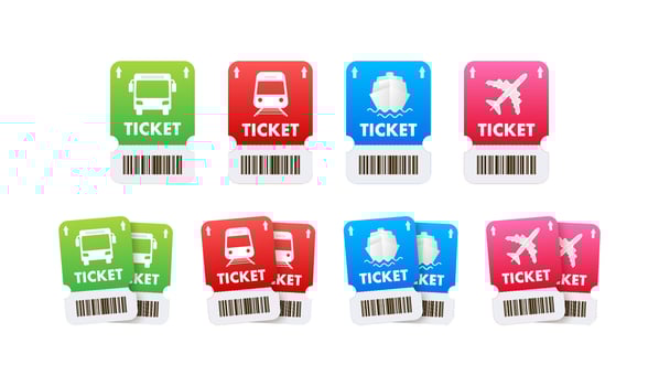 Travel tickets for bus, plane and train. Isolated subway and railway pass card. Isolated vector illustration.