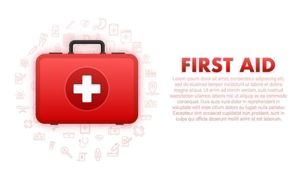 Cartoon icon with red first aid on white background for medical design. Flat vector illustration.