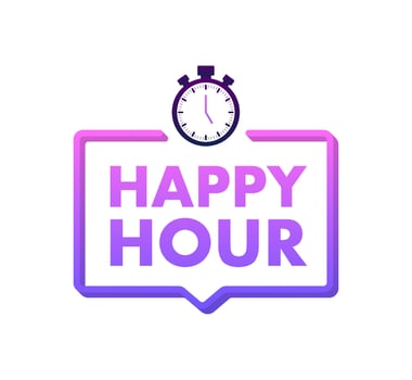 Vintage poster with black happy hour for banner design. Vintage black font. Glass banner. Special offer symbol. Discount promotion. Business icon. 4k vector