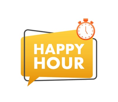 Vintage poster with black happy hour for banner design. Vintage black font. Glass banner. Special offer symbol. Discount promotion. Business icon. vector