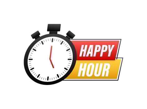 Vintage poster with black happy hour for banner design. Vintage black font. Glass banner. Special offer symbol. Discount promotion. Business icon. vector