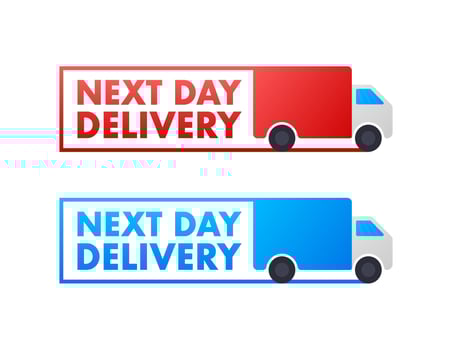 Flat set with red next day delivery on white background for promo design. Business vector icon.
