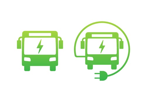 Electric city bus. Electric bus charging. EV icon. Vector stock illustration