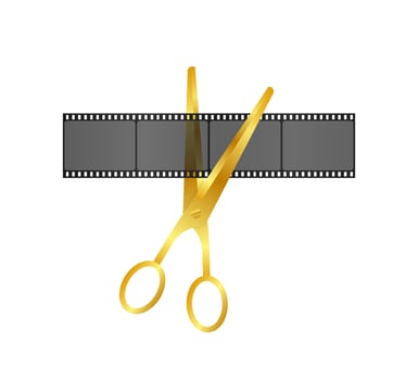 Cutting film shot. Scissors and film strip as video editing. Vector stock illustration
