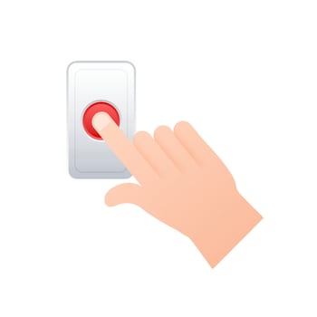 Hand push the bell button at the front door. Flat button. Flat vector illustration. Home entrance