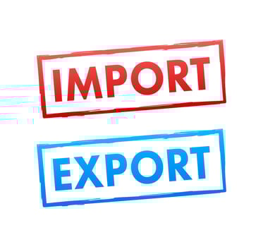 Port crane lift two red cargo containers with import and export words. Vector stock illustration