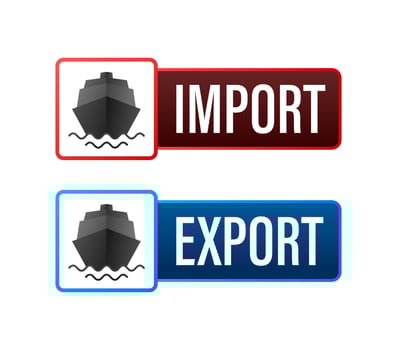 Port crane lift two red cargo containers with import and export words. Vector stock illustration