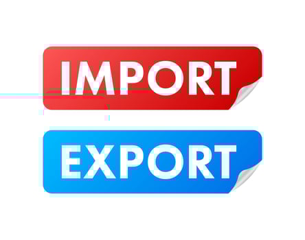 Port crane lift two red cargo containers with import and export words. Vector stock illustration