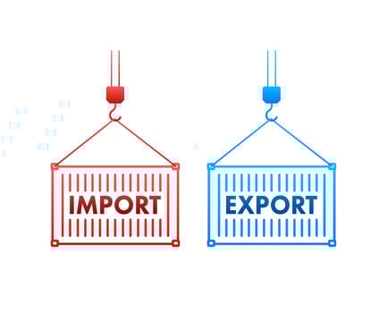 Port crane lift two red cargo containers with import and export words. Vector stock illustration