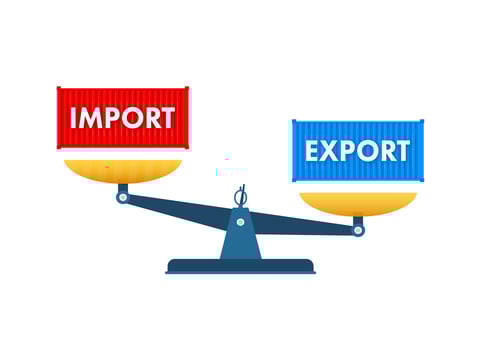 Port crane lift two red cargo containers with import and export words. Vector stock illustration