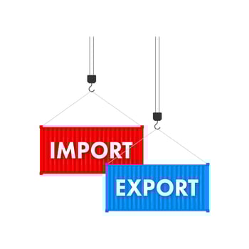 Port crane lift two red cargo containers with import and export words. Vector stock illustration