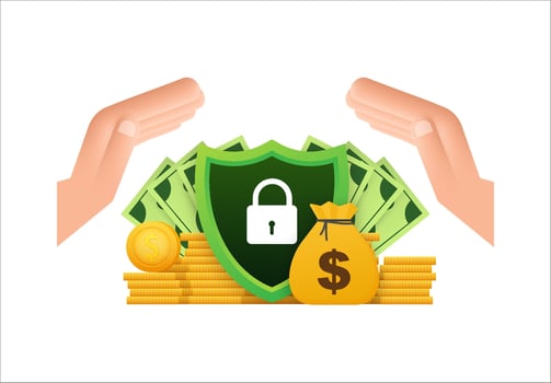Protection money. Money safety. Financial saving insurance. Vector stock illustration.
