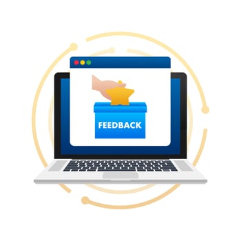 We want your feedback. Hand putting star in the feedback box vector