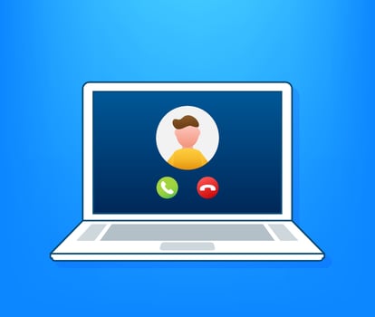 Incoming video call on laptop. Laptop with incoming call, man profile picture and accept decline buttons. Vector stock illustration