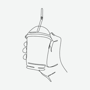 continuous line drawing of a hand holding drink in plastic cup. one single line. graphic design vector illustration.