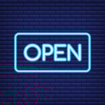 Neon sign board 3d rendering. Neon open sign. Vector illustration.