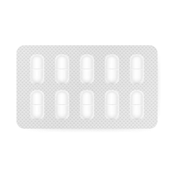 Realistic pills blister with capsules on white background. Realistic mock up of pills packaging medicines, tablets, capsules. Vector illustration.