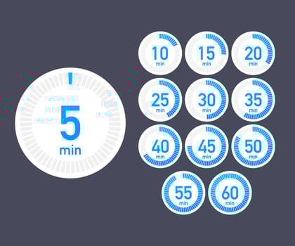 Set of timers. Sign icon. Full rotation arrow timer. Colored flat icons. Set of 12 timer icons. Flat Design Vector Illustration