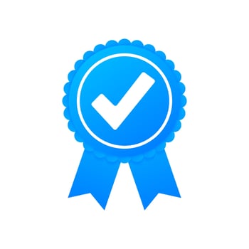 Checkmark. Blue approved star sticker on white background. Vector illustration.