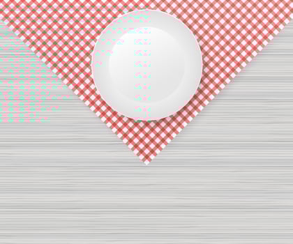 Red corner tablecloth on white wood table. Vector stock illustration
