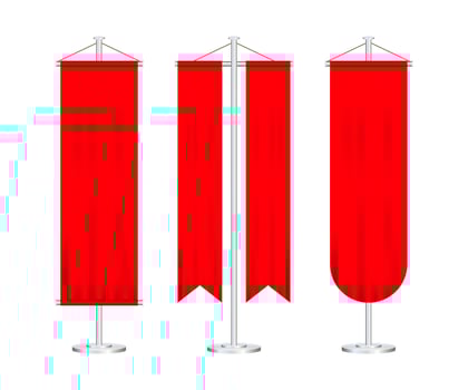 Signal red long sport advertising pennants banners samples on pole stand support pedestal realistic set. Vector stock illustration.