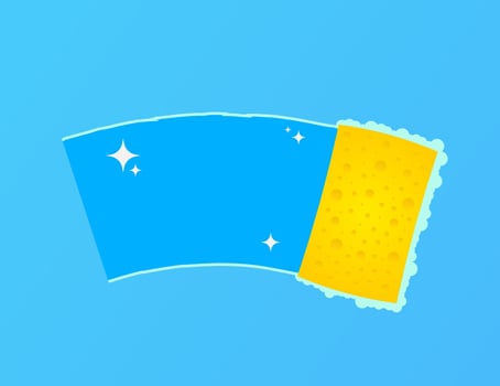 Dishwashing, washing dishes. Dishwashing liquid, dishes and yellow sponge. Vector illustration