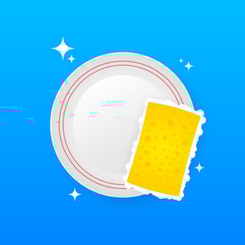 Dishwashing, washing dishes. Dishwashing liquid, dishes and yellow sponge. Vector illustration