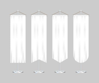 Signal white long sport advertising pennants banners samples on pole stand support pedestal realistic set. Vector illustration