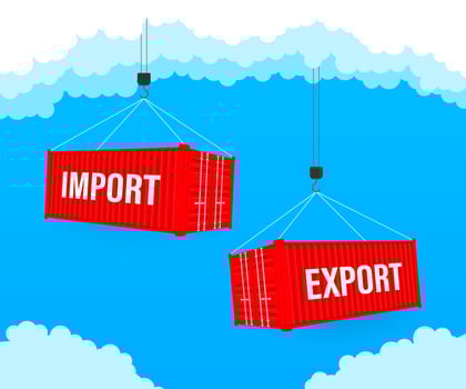 Port crane lift two red cargo containers with import and export words. Vector stock illustration