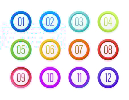 Number Bullet Point Colorful Markers 1 to 12. Vector stock illustration