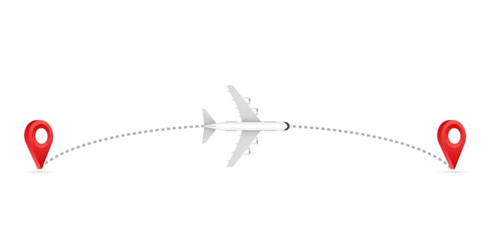 Airplane line path icon of air plane flight route with start point and dash line trace. Aircraft clip art icon with route path track vector