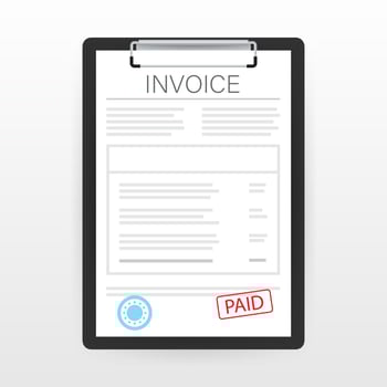 Invoice with paid stamp in clipboard. Vector stock illustration