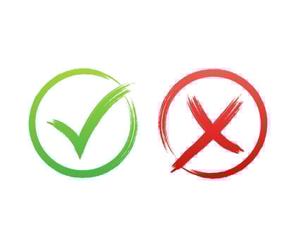Tick and cross signs. Green checkmark OK and red X icon. Symbols YES and NO button for vote. Vector stock illustration
