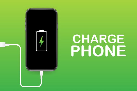 Smartphone charger adapter and electric socket, low battery notification. Vector stock illustration
